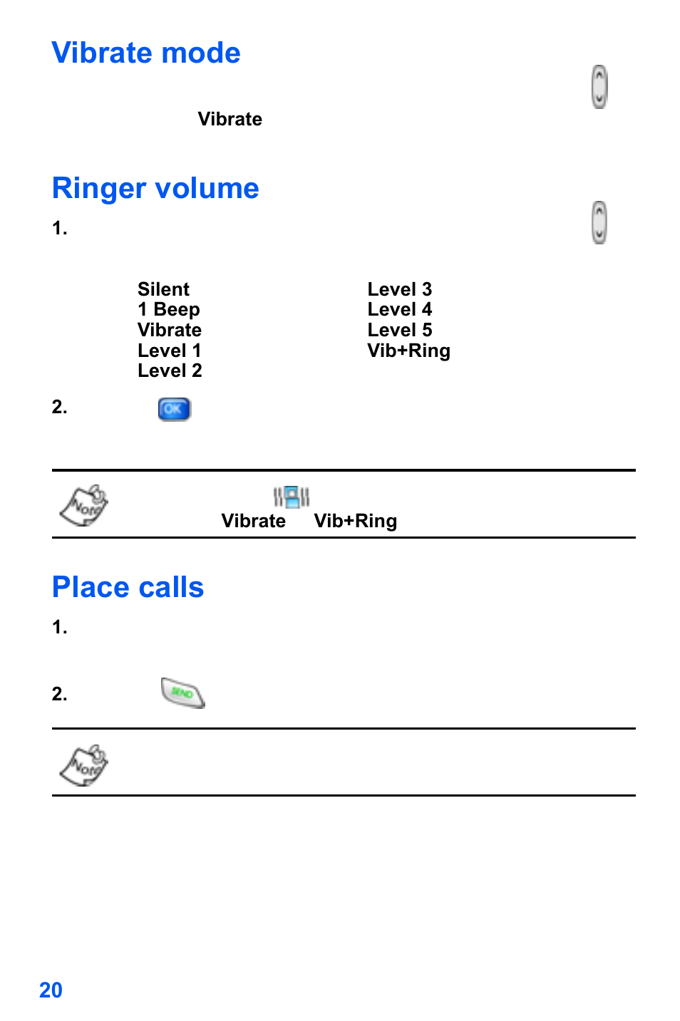 Vibrate mode, Ringer volume, Place calls | Samsung SCH-A890ZSVXAR User Manual | Page 28 / 196
