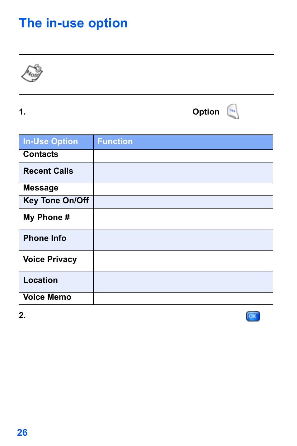 The in-use option | Samsung SCH-A890ZSVXAR User Manual | Page 34 / 196