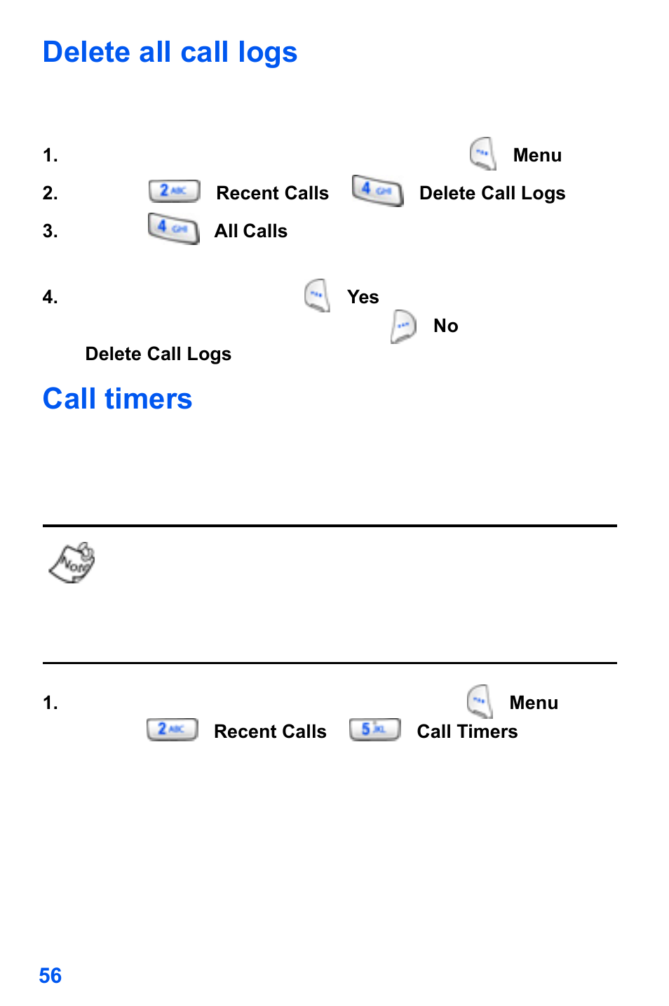 Delete all call logs, Call timers | Samsung SCH-A890ZSVXAR User Manual | Page 64 / 196