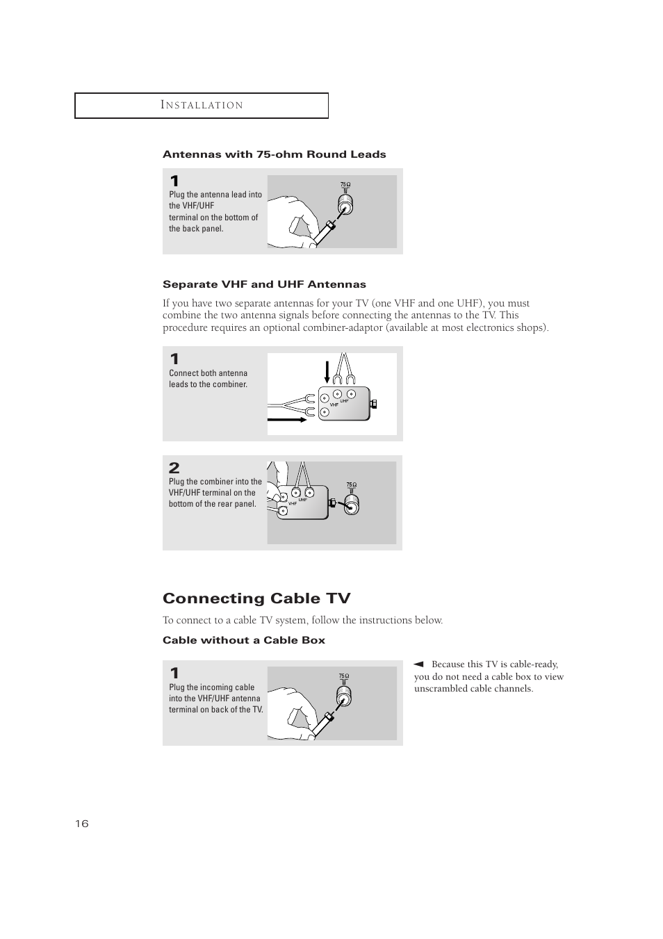 Connecting cable tv | Samsung TXN2734FX-XAA User Manual | Page 16 / 59