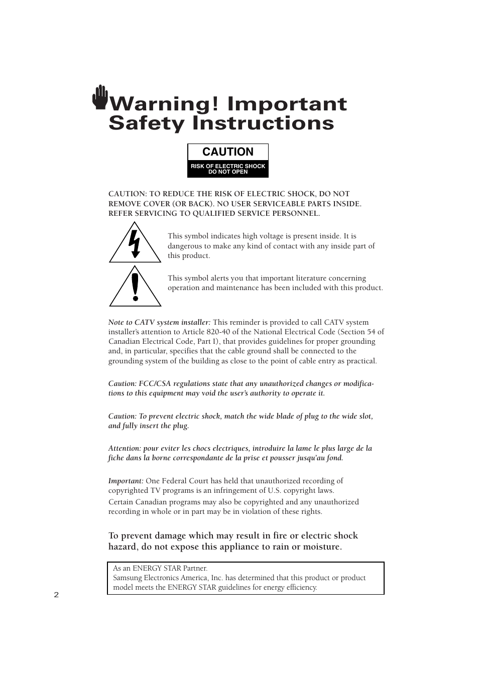 Warning! important safety instructions | Samsung TXN2734FX-XAA User Manual | Page 2 / 59