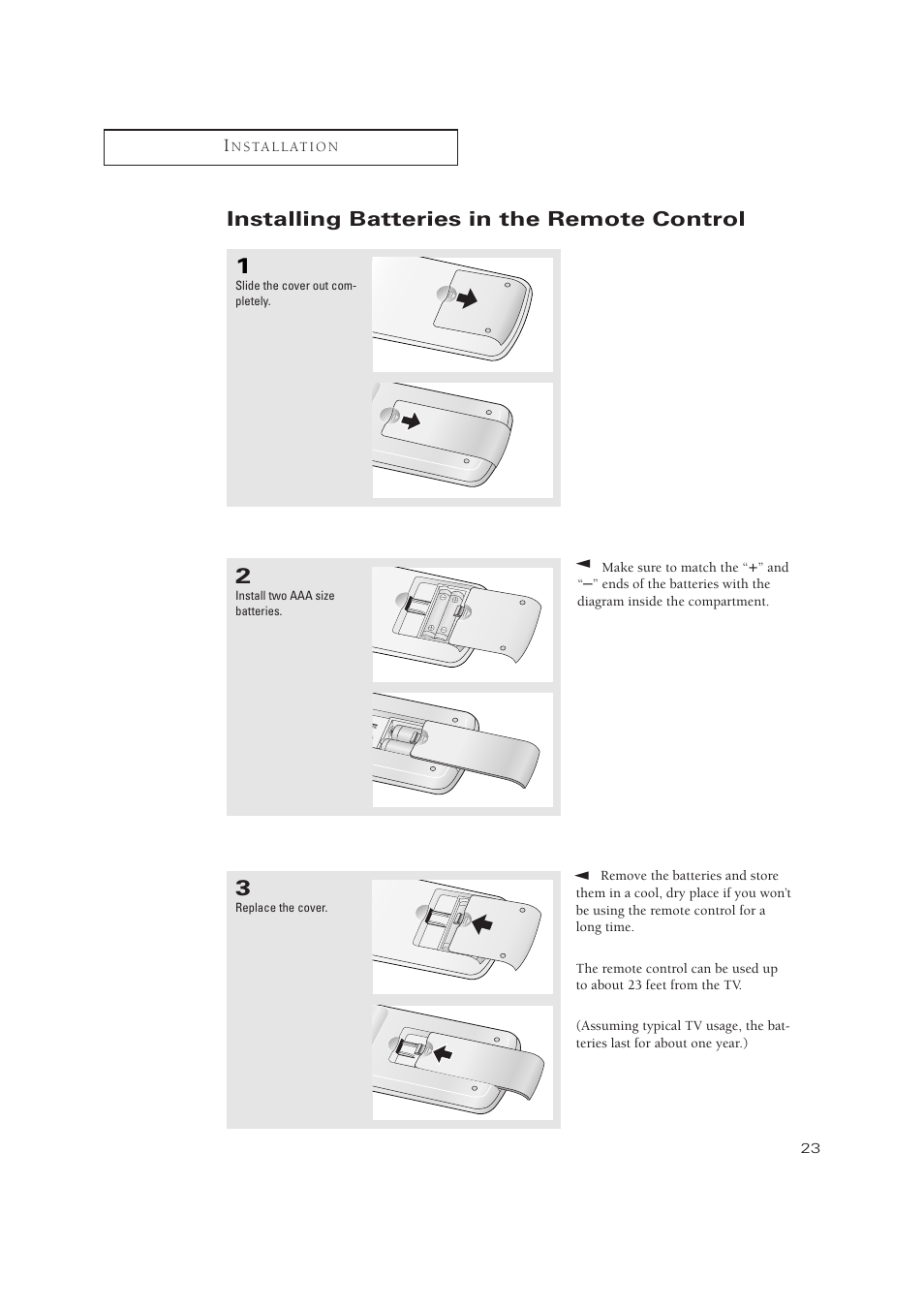 Installing batteries in the remote control | Samsung TXN2734FX-XAA User Manual | Page 23 / 59