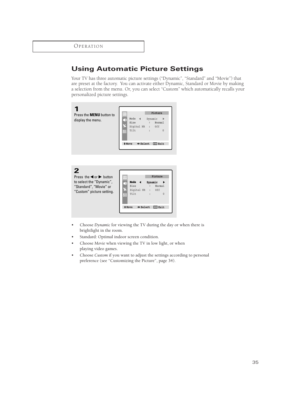 Using automatic picture settings | Samsung TXN2734FX-XAA User Manual | Page 35 / 59
