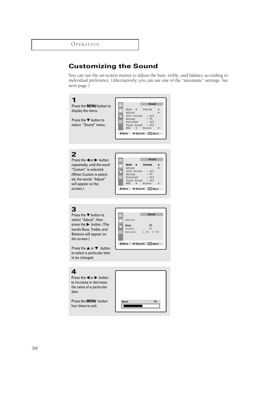 Customizing the sound | Samsung TXN2734FX-XAA User Manual | Page 36 / 59