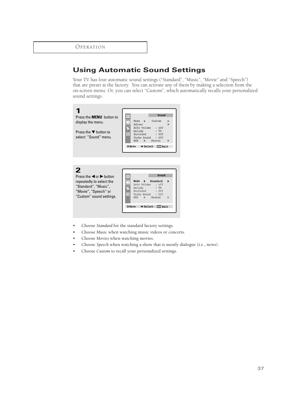 Using automatic sound settings | Samsung TXN2734FX-XAA User Manual | Page 37 / 59
