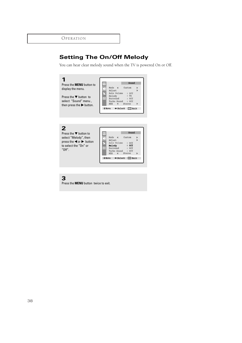 Setting the on/off melody | Samsung TXN2734FX-XAA User Manual | Page 38 / 59