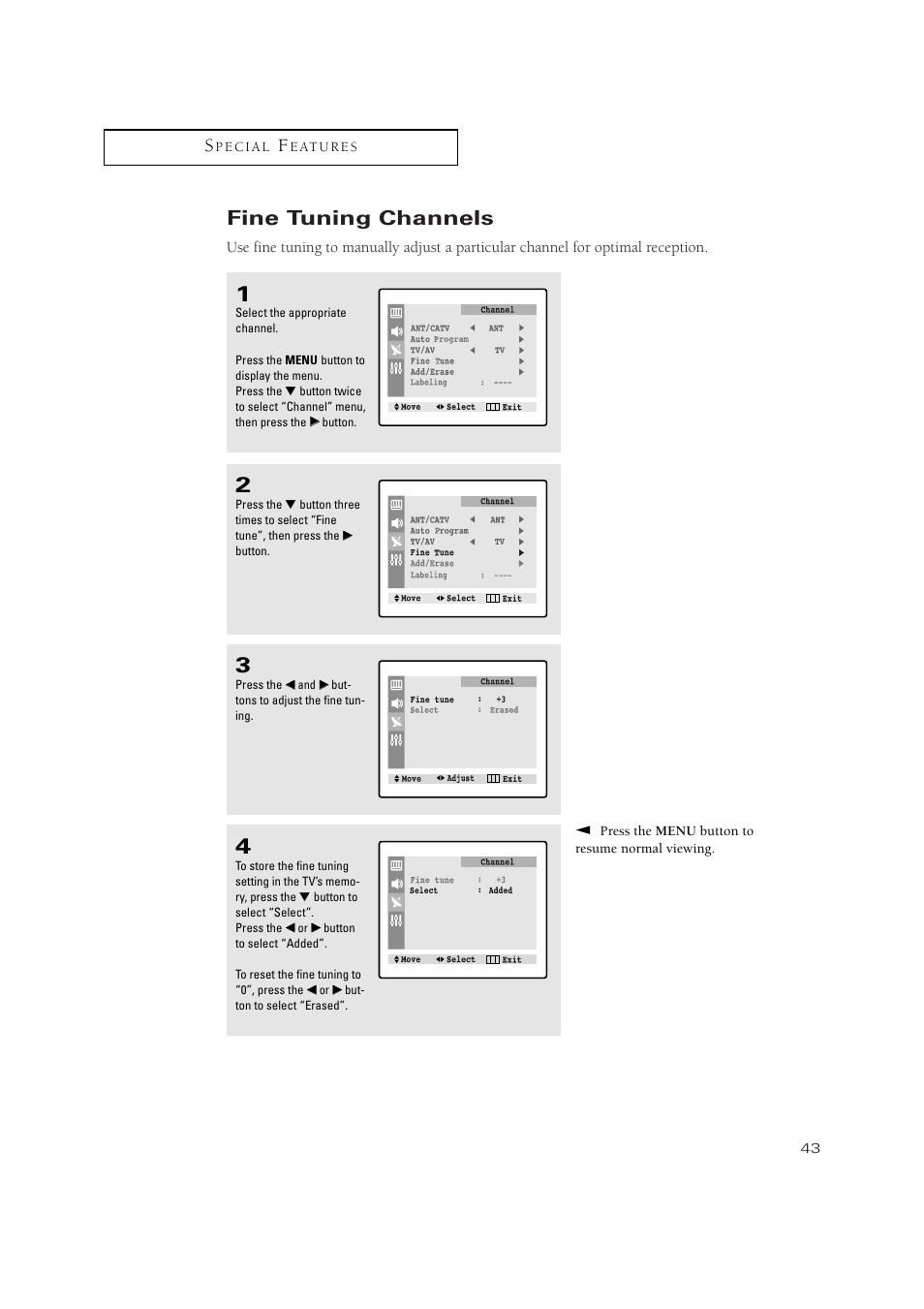 Fine tuning channels | Samsung TXN2734FX-XAA User Manual | Page 43 / 59