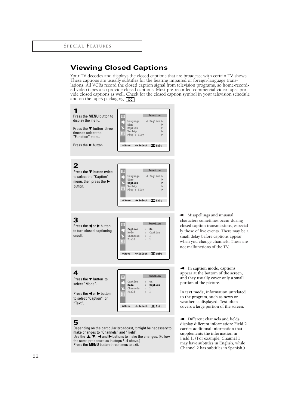 Viewing closed captions | Samsung TXN2734FX-XAA User Manual | Page 52 / 59
