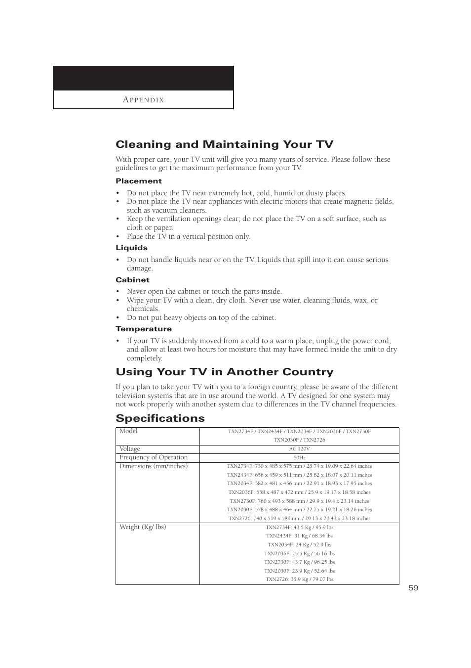 Cleaning and maintaining your tv, Using your tv in another country, Specifications | Samsung TXN2734FX-XAA User Manual | Page 59 / 59