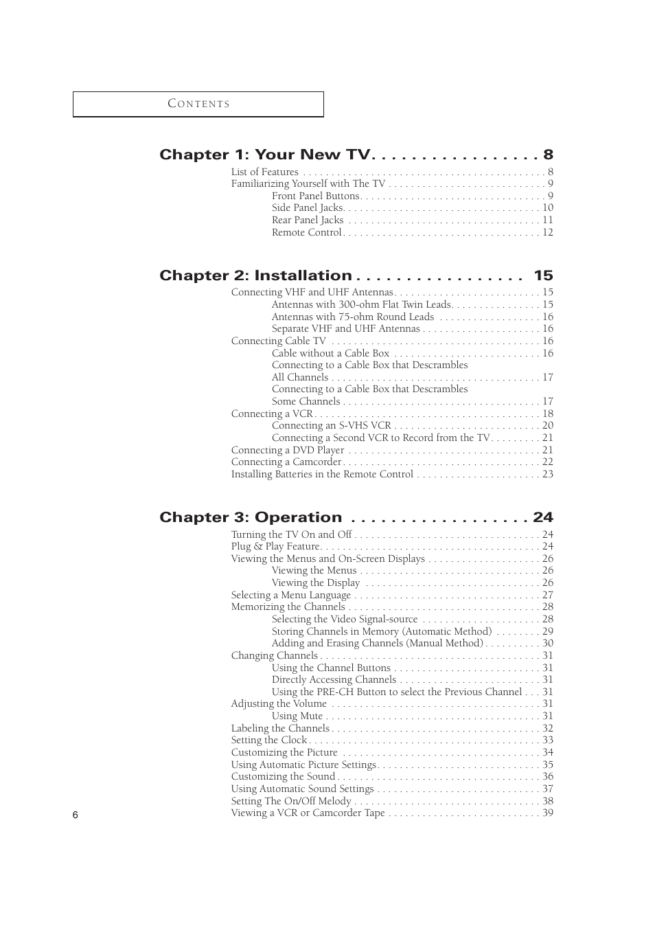 Chapter 1: your new tv, Chapter 2: installation, Chapter 3: operation | Samsung TXN2734FX-XAA User Manual | Page 6 / 59