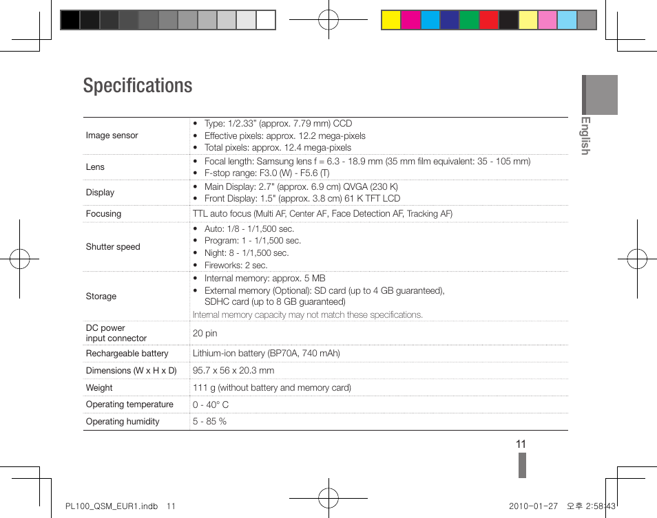 Specifications, English | Samsung EC-PL100ZBPPPA User Manual | Page 11 / 72