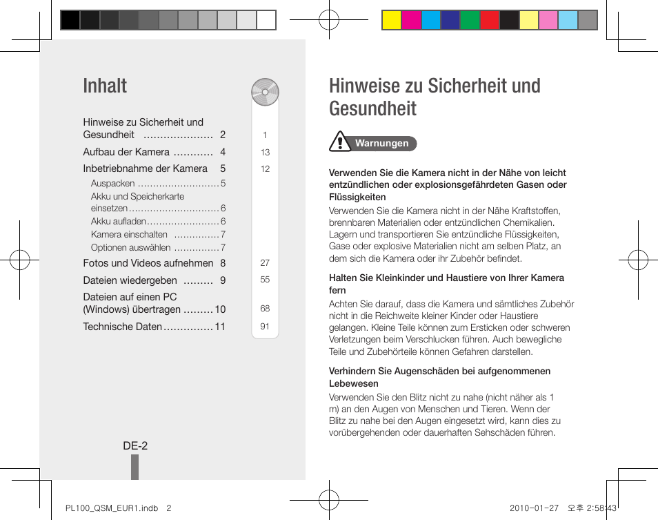 Hinweise zu sicherheit und gesundheit inhalt | Samsung EC-PL100ZBPPPA User Manual | Page 12 / 72