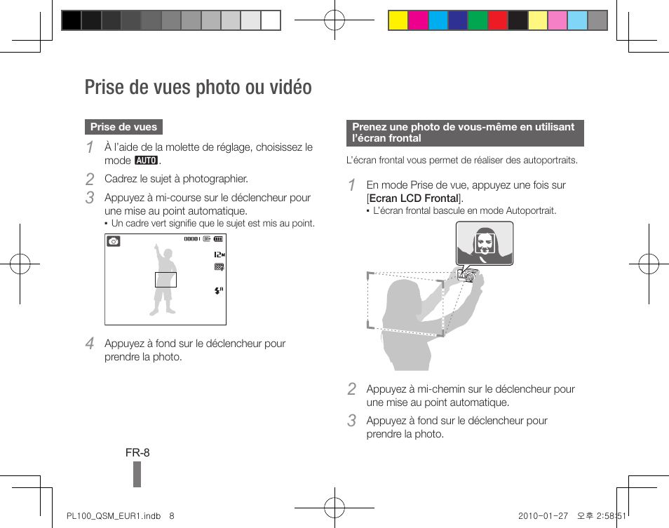 Prise de vues photo ou vidéo | Samsung EC-PL100ZBPPPA User Manual | Page 28 / 72