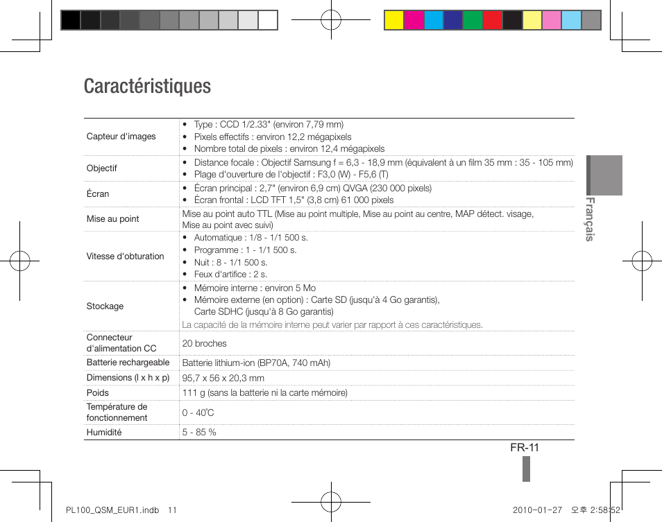 Caractéristiques, Français | Samsung EC-PL100ZBPPPA User Manual | Page 31 / 72