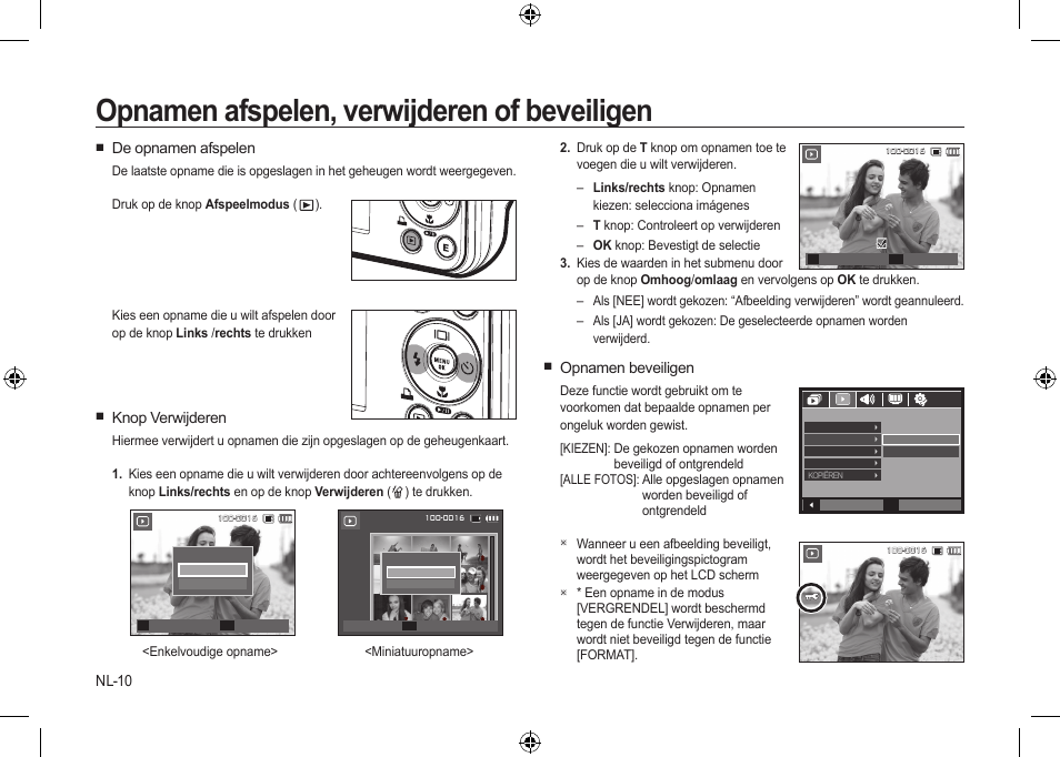 Opnamen afspelen, verwijderen of beveiligen, Nl-10, Opnamen beveiligen | De opnamen afspelen, Knop verwijderen | Samsung i8 User Manual | Page 102 / 128