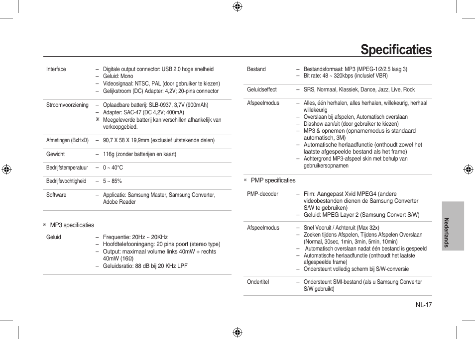 Speciﬁcaties | Samsung i8 User Manual | Page 109 / 128