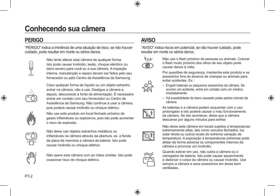 Conhecendo sua câmera, Perigo, Aviso | Samsung i8 User Manual | Page 112 / 128