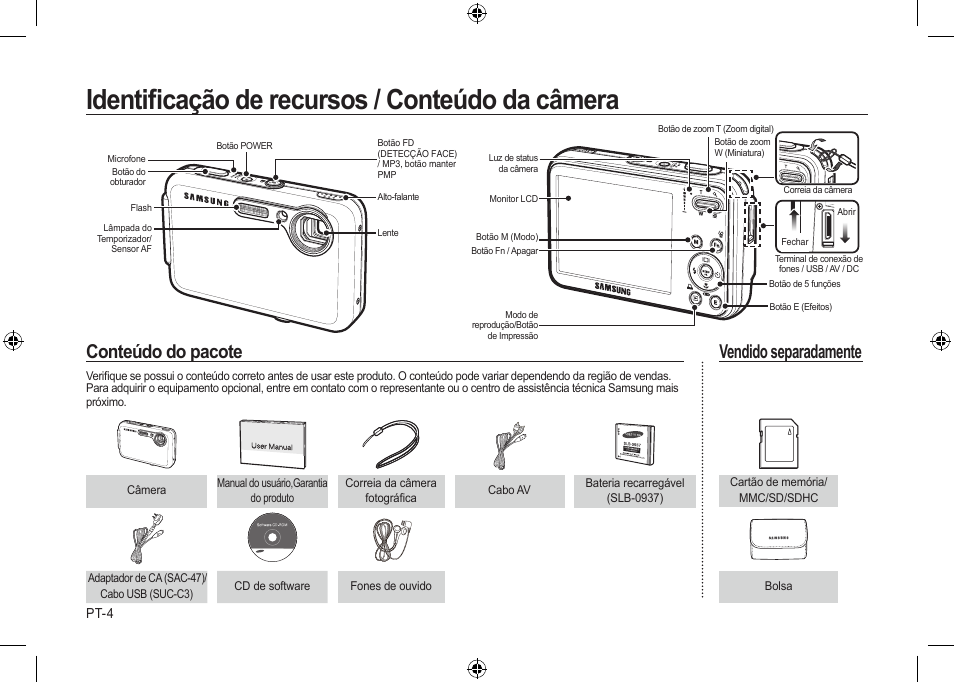 Identiﬁcação de recursos / conteúdo da câmera, Conteúdo do pacote, Vendido separadamente | Samsung i8 User Manual | Page 114 / 128