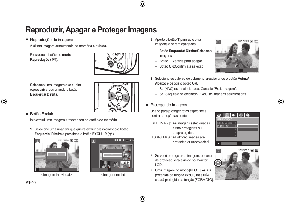 Reproduzir, apagar e proteger imagens, Pt-10, Protegendo imagens | Reprodução de imagens, Botão excluir | Samsung i8 User Manual | Page 120 / 128