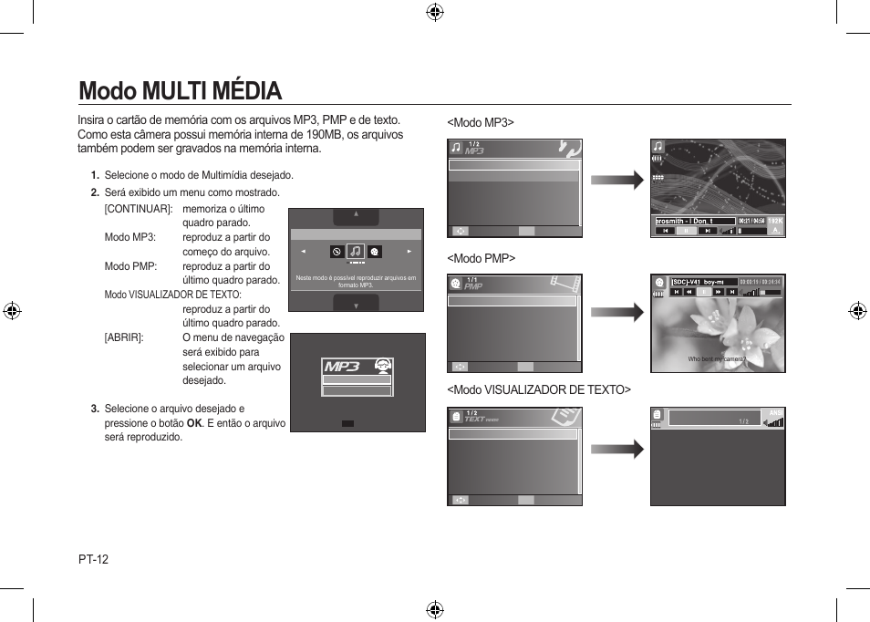 Modo multi média, Pt-12, Modo mp3> <modo pmp> <modo visualizador de texto | Samsung i8 User Manual | Page 122 / 128