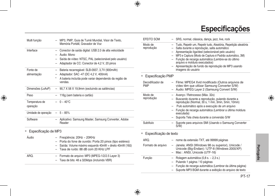 Especiﬁcações | Samsung i8 User Manual | Page 127 / 128