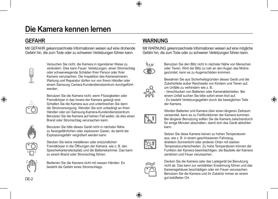 Die kamera kennen lernen, Gefahr, Warnung | Samsung i8 User Manual | Page 22 / 128