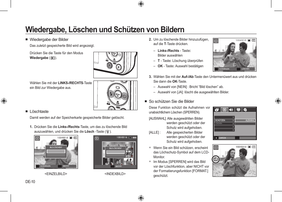 Wiedergabe, löschen und schützen von bildern, De-10, So schützen sie die bilder | Wiedergabe der bilder, Löschtaste | Samsung i8 User Manual | Page 30 / 128