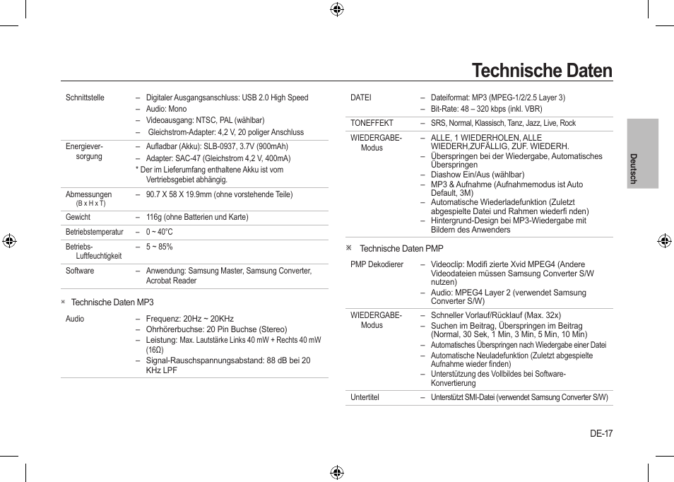 Technische daten | Samsung i8 User Manual | Page 37 / 128
