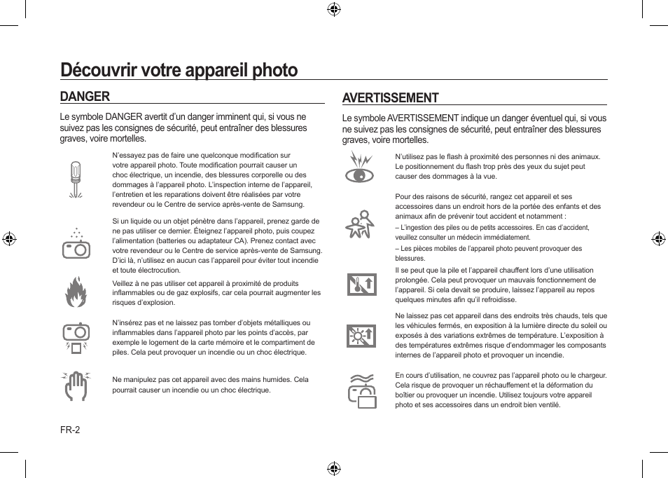 Découvrir votre appareil photo, Danger avertissement | Samsung i8 User Manual | Page 40 / 128