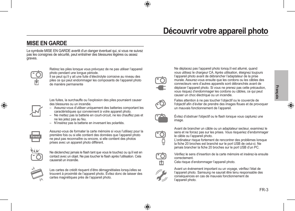 Découvrir votre appareil photo, Mise en garde | Samsung i8 User Manual | Page 41 / 128