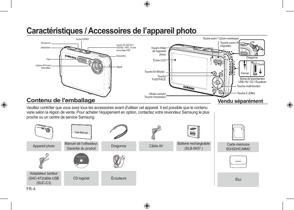 Caractéristiques / accessoires de l’appareil photo, Contenu de l'emballage, Vendu séparément | Samsung i8 User Manual | Page 42 / 128