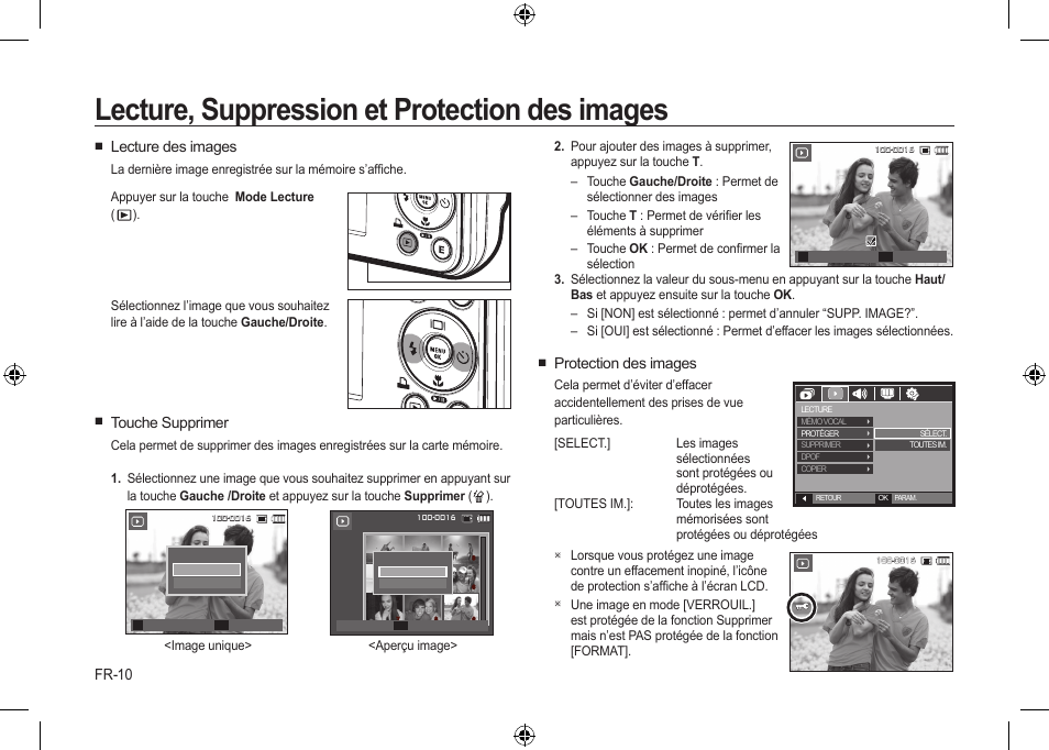 Lecture, suppression et protection des images, Fr-10, Protection des images | Lecture des images, Touche supprimer | Samsung i8 User Manual | Page 48 / 128