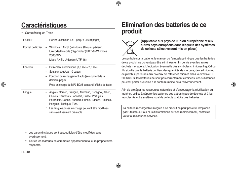 Caractéristiques, Elimination des batteries de ce produit | Samsung i8 User Manual | Page 56 / 128