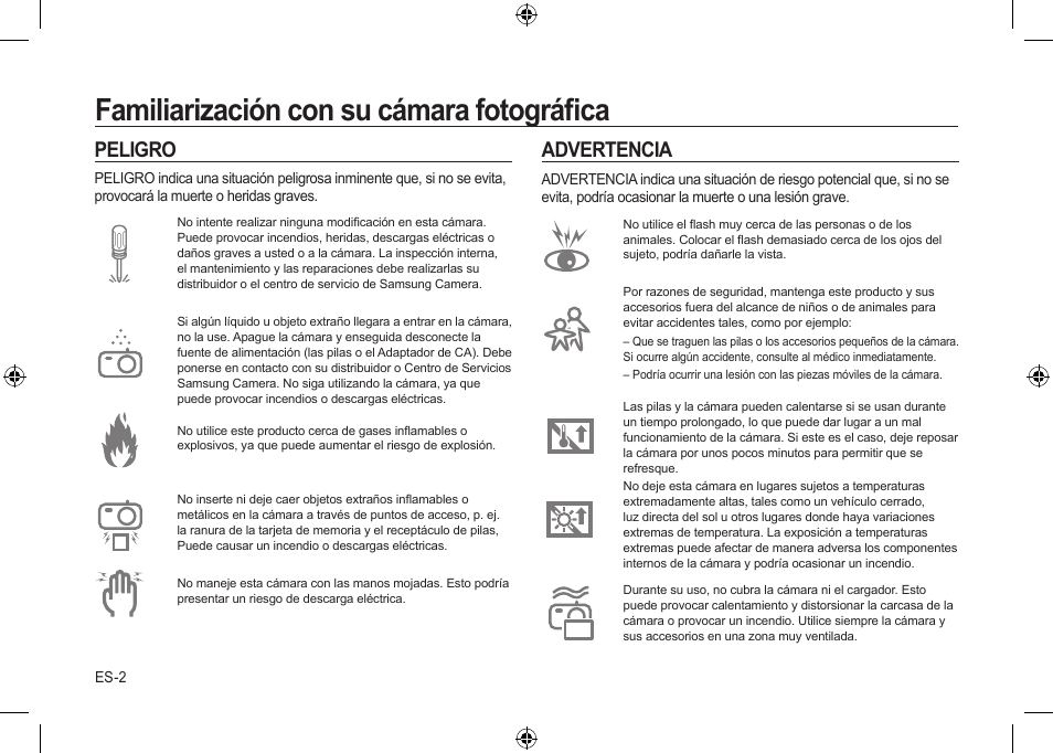 Familiarización con su cámara fotográﬁca, Peligro, Advertencia | Samsung i8 User Manual | Page 58 / 128