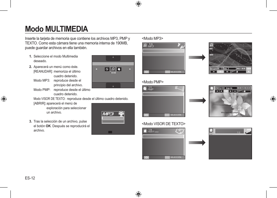 Modo multimedia, Es-12, Modo mp3> <modo pmp> <modo visor de texto | Samsung i8 User Manual | Page 68 / 128