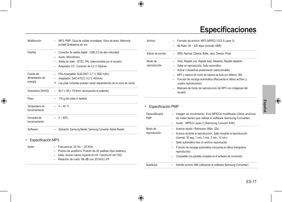 Especiﬁcaciones | Samsung i8 User Manual | Page 73 / 128