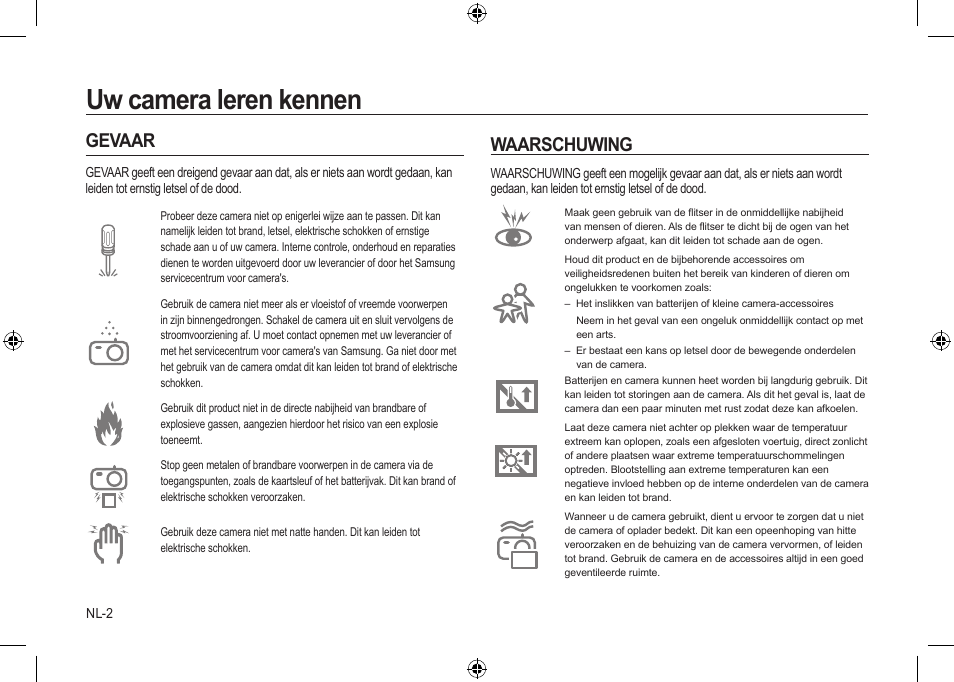 Uw camera leren kennen, Gevaar, Waarschuwing | Samsung i8 User Manual | Page 94 / 128