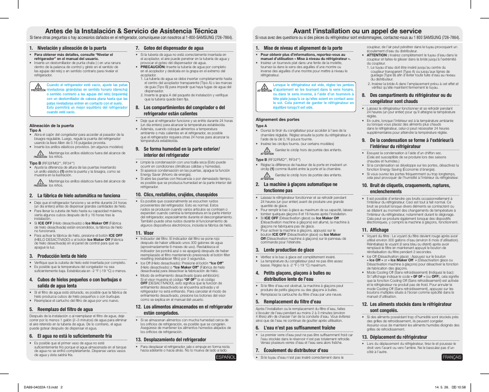 Avant l’installation ou un appel de service | Samsung RF28HFEDBSR-AA User Manual | Page 2 / 2