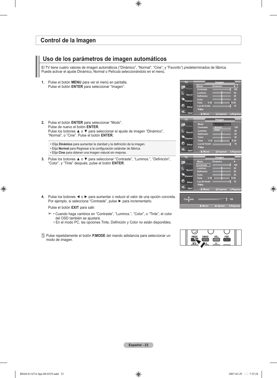 Uso de los parámetros de imagen automáticos, Control de la imagen | Samsung LNT4042HX-XAA User Manual | Page 101 / 147