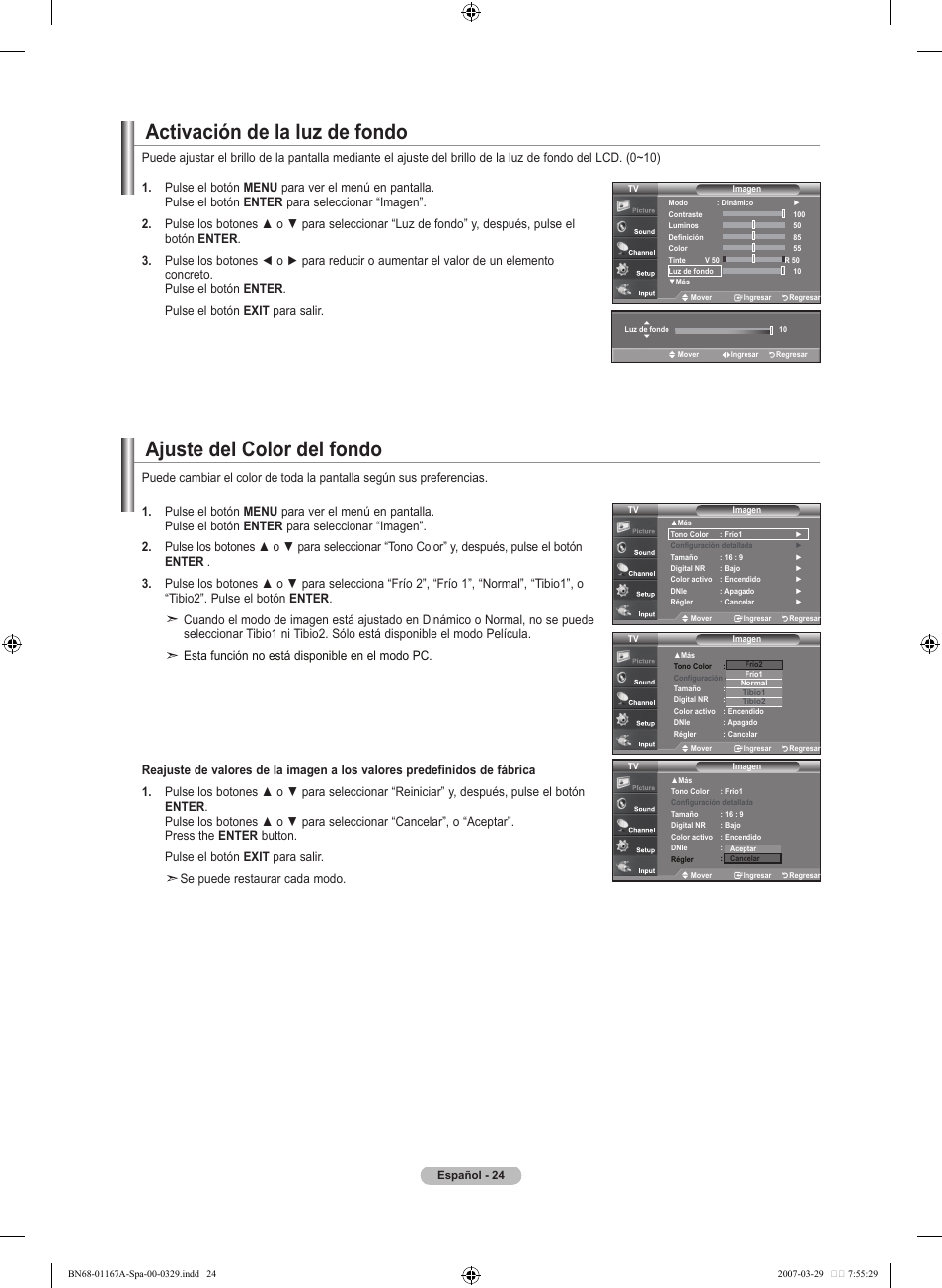 Ajuste del color del fondo, Activación de la luz de fondo | Samsung LNT4042HX-XAA User Manual | Page 102 / 147