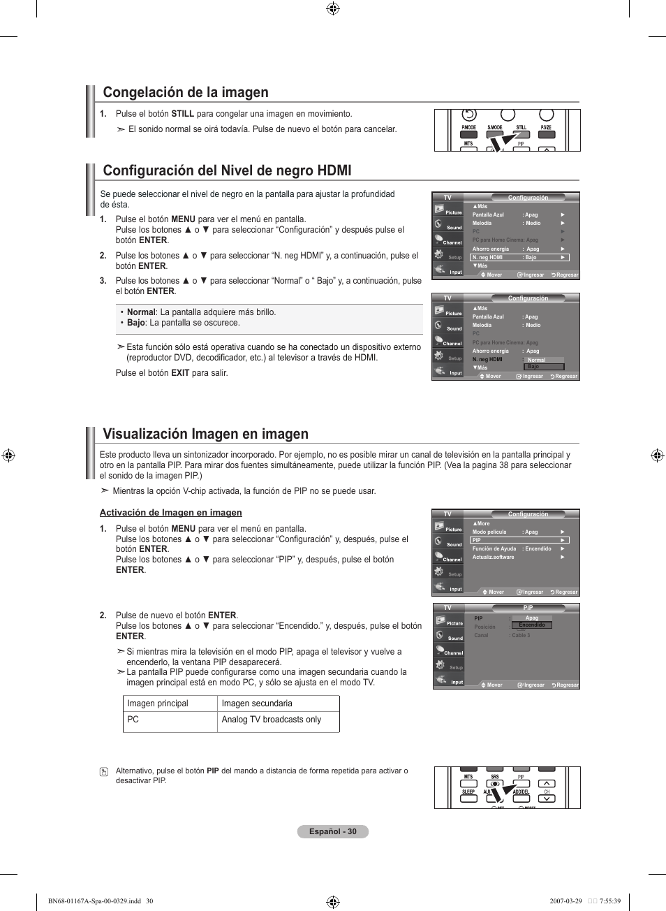 Congelación de la imagen, Configuración del nivel de negro hdmi, Visualización imagen en imagen | Samsung LNT4042HX-XAA User Manual | Page 108 / 147