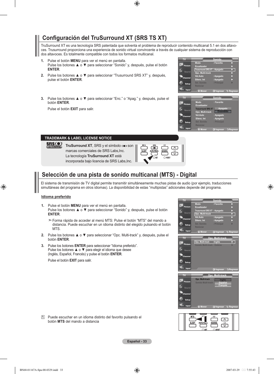 Configuración del trusurround xt (srs ts xt) | Samsung LNT4042HX-XAA User Manual | Page 111 / 147