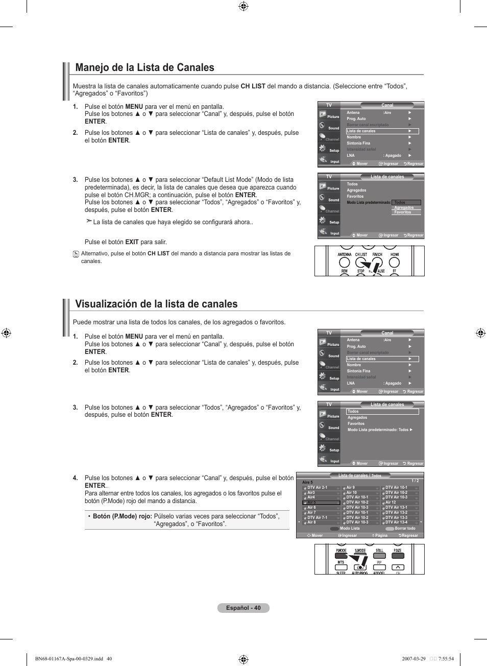 Manejo de la lista de canales, Visualización de la lista de canales | Samsung LNT4042HX-XAA User Manual | Page 118 / 147