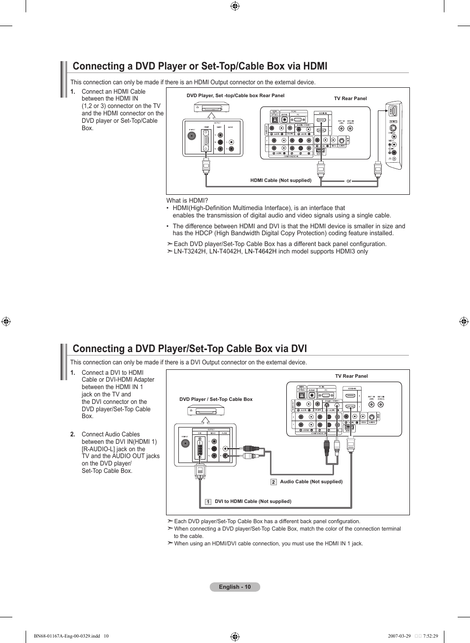 Connecting a dvd player/set-top cable box via dvi | Samsung LNT4042HX-XAA User Manual | Page 12 / 147