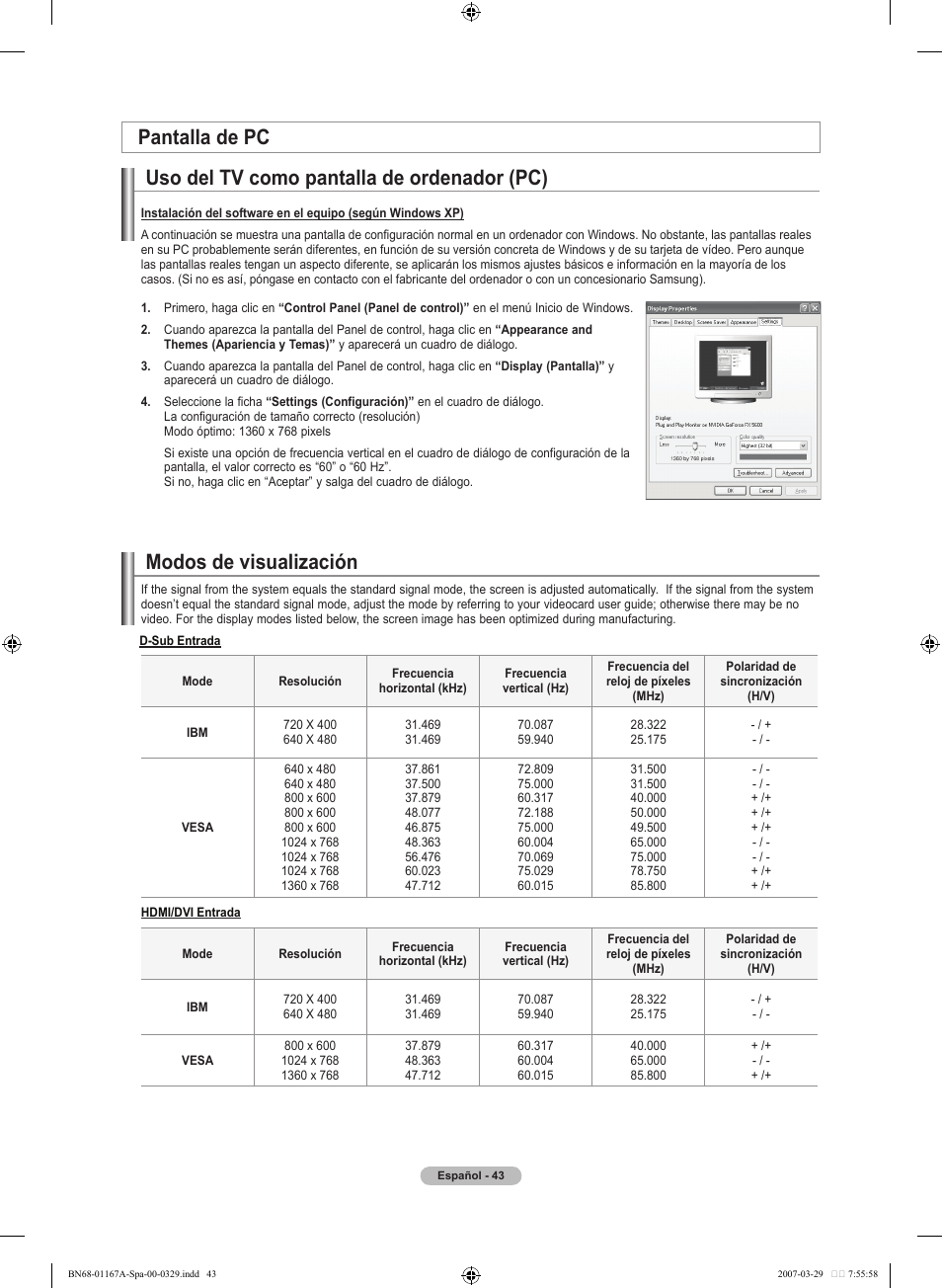 Uso del tv como pantalla de ordenador (pc), Pantalla de pc modos de visualización | Samsung LNT4042HX-XAA User Manual | Page 121 / 147