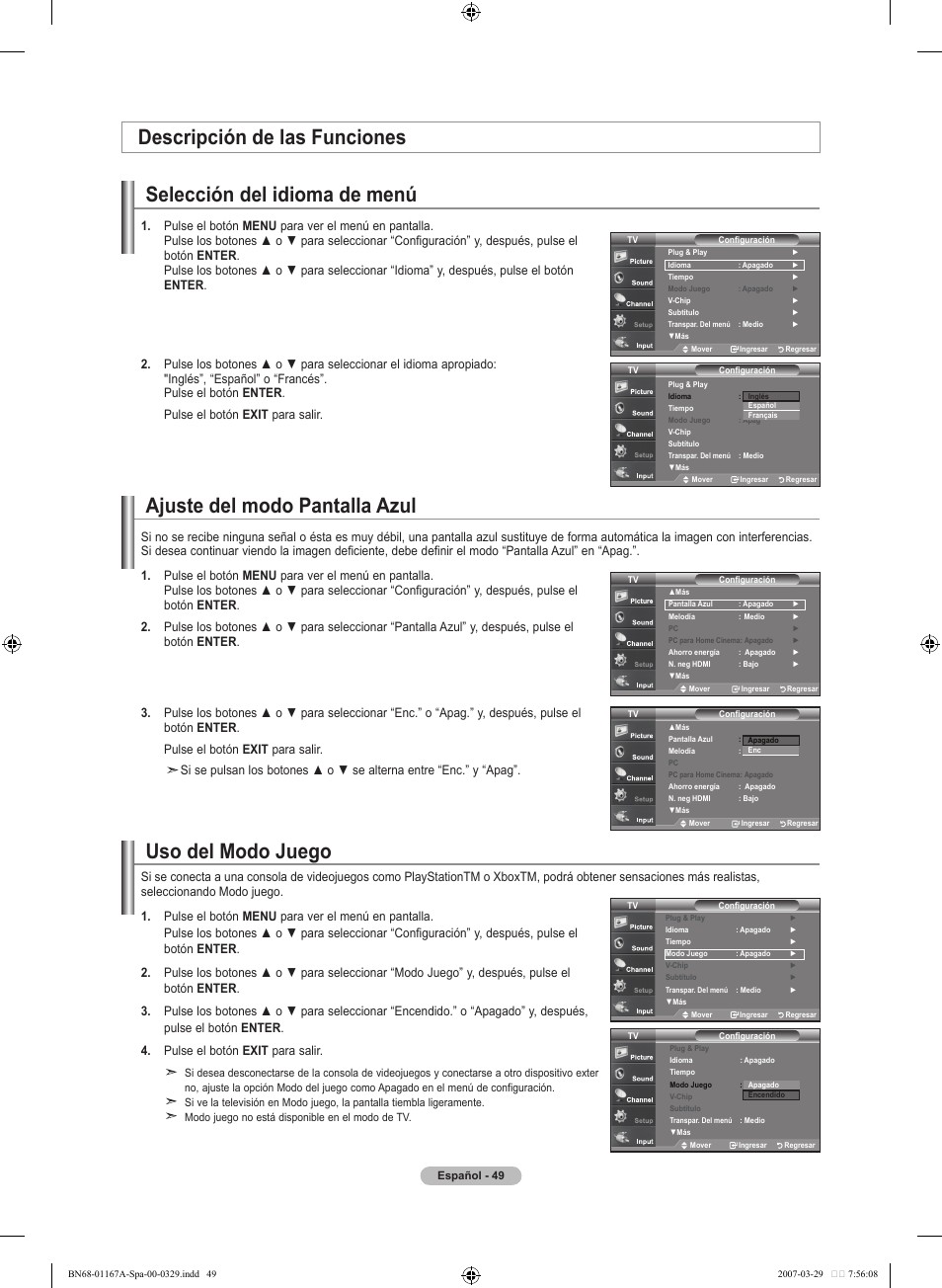 Ajuste del modo pantalla azul, Selección del idioma de menú, Descripción de las funciones | Uso del modo juego | Samsung LNT4042HX-XAA User Manual | Page 127 / 147