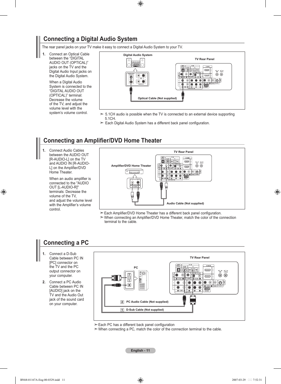 Connecting an amplifier/dvd home theater, Connecting a digital audio system, Connecting a pc | Samsung LNT4042HX-XAA User Manual | Page 13 / 147