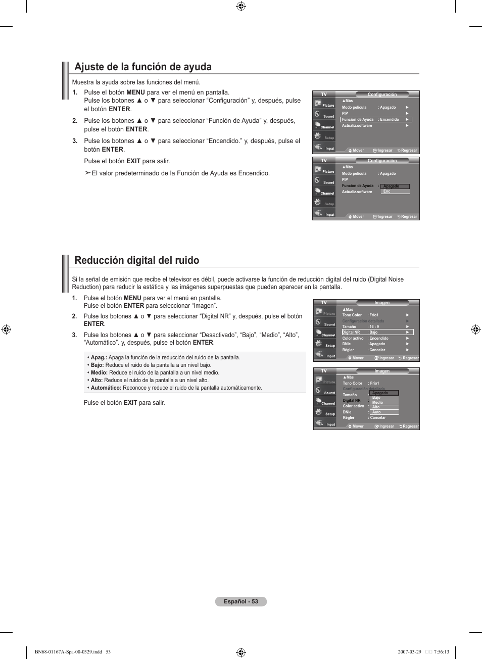 Ajuste de la función de ayuda, Reducción digital del ruido | Samsung LNT4042HX-XAA User Manual | Page 131 / 147