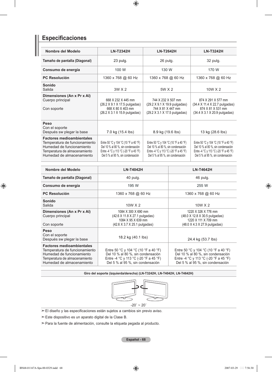 Especificaciones | Samsung LNT4042HX-XAA User Manual | Page 146 / 147
