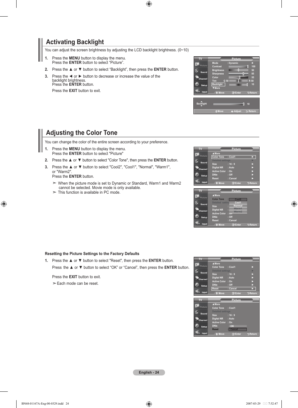Adjusting the color tone, Activating backlight | Samsung LNT4042HX-XAA User Manual | Page 26 / 147